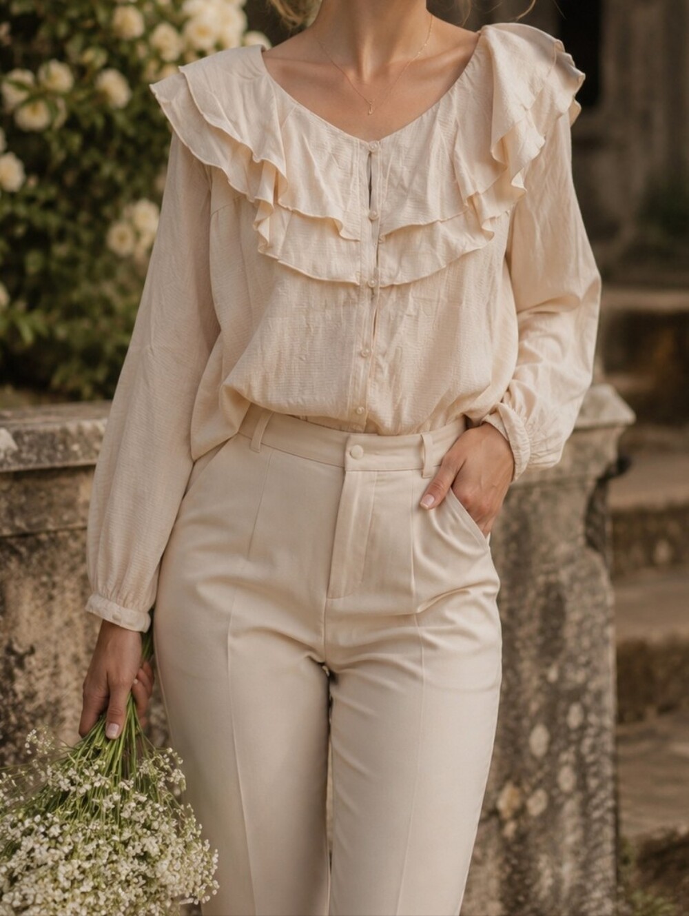 NWT InWear Light Beige Ruffle Front Boho Victorian Blouse Neutral Romantic